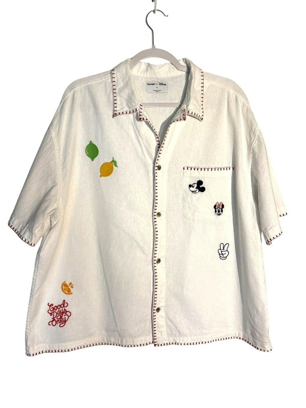 Old Navy X Disney Linen Blend Mickey & Minnie Button Down Unisex Shirt XL